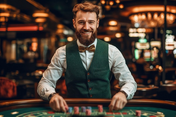 Smiling card dealer at a casino